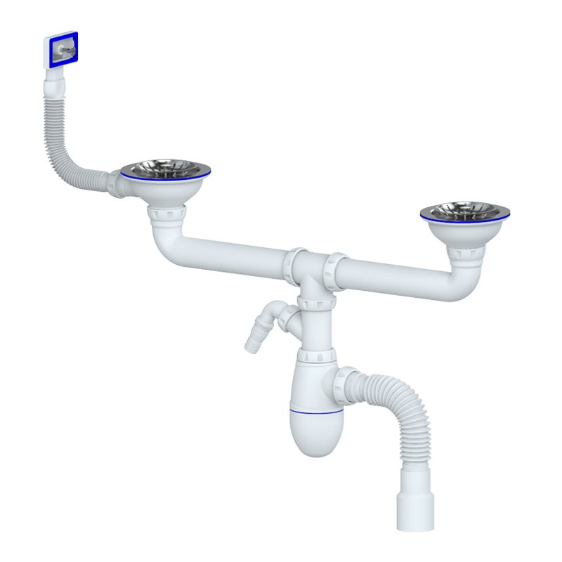 сифон для двойной мойки Unicorn В730VР, 40х50 гибкий отвод, 3 1/2'' х40 с отводом для стиральной машины, прямоугольный перелив-1