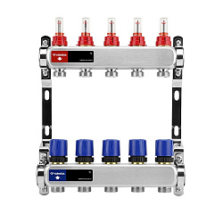  Коллекторная группа из нержавеющей стали DN 25-5 вых. G-3/4'', евроконус, с расходомерами, без дренажного крана и воздухоотводчика, VARMEGA VM15105 (930416003) со склада Проконсим в Кемерово
