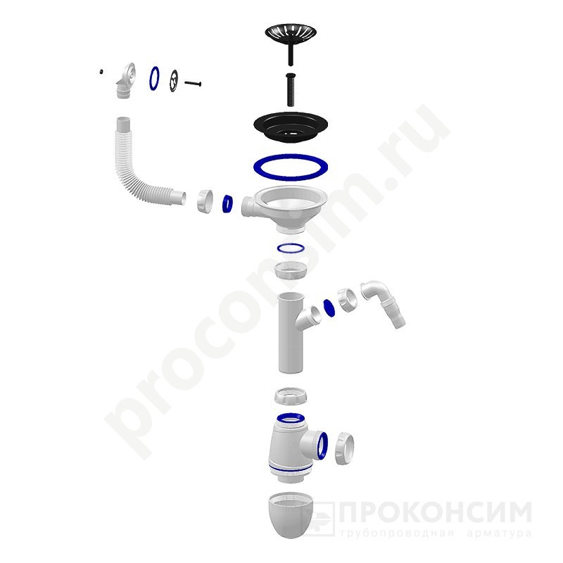 Цена [%TOWN_PRICE%].  Ожидается пополнение. Сифон для мойки Unicorn В431VP, без отвода, 3 1/2'' х40 с отводом для стиральной машины, круглый перелив (930152045) со склада Проконсим в Кемерово