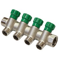Коллектор латунный никелированныйDN 20 4 выхода G 1/2'' с запорными клапанами плоское присоединение отвода,SGL купить в Кемерово | "Проконсим"