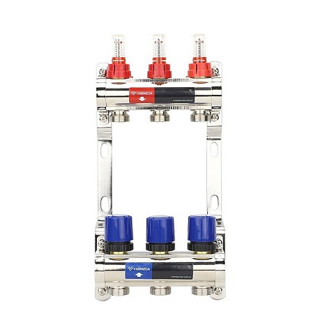 Коллекторная группа из латуни DN 25-3 вых. G-3/4'' евроконус, с расходомерами, без дренажного крана и воздухоотводчика VARMEGA VM15403 купить в Кемерово | "Проконсим"