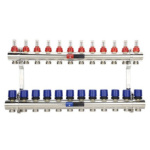 Коллекторная группа из латуни DN 25-12 вых. G-3/4'' евроконус, с расходомерами, без дренажного крана и воздухоотводчика VARMEGA VM15412 купить в Кемерово | "Проконсим"