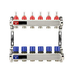  Коллекторная группа из нержавеющей стали DN 25-6 вых. G-3/4'', евроконус, с расходомерами, без дренажного крана и воздухоотводчика, VARMEGA VM15106 (930416004) со склада Проконсим в Кемерово
