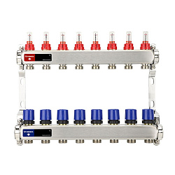  Коллекторная группа из нержавеющей стали DN 25-8 вых. G-3/4'', евроконус, с расходомерами, без дренажного крана и воздухоотводчика, VARMEGA VM15108 (930416006) со склада Проконсим в Кемерово